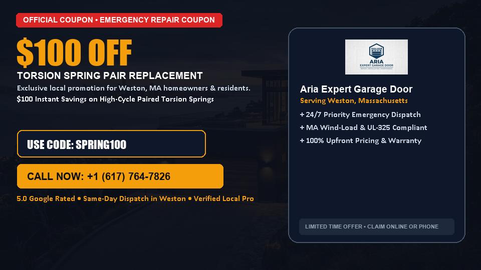 $100 OFF Dual High-Cycle Torsion Spring Replacement in Weston, MA - Aria Expert Garage Door